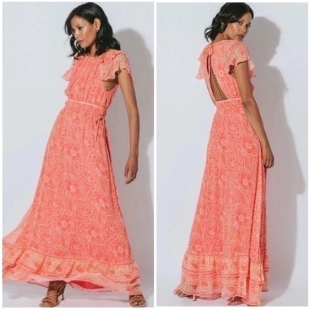 Cleobella Hannah Cutout Tiered Ruffle Maxi Dress Coral Blossom M Romantic NEW
